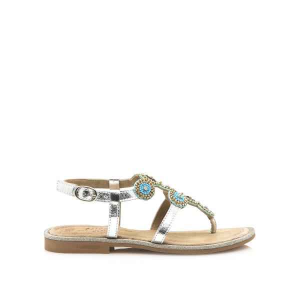 Sandalia plateada con Strass azul y cierre hebilla. Tallas 31 y 33.