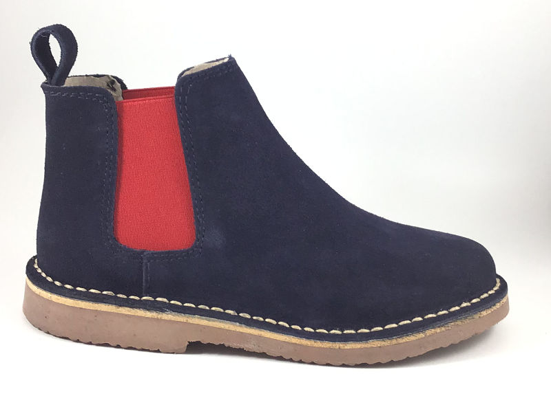 Botín Chelsea de Serraje Marino y elástico rojo. Tallas 30 a 43.
