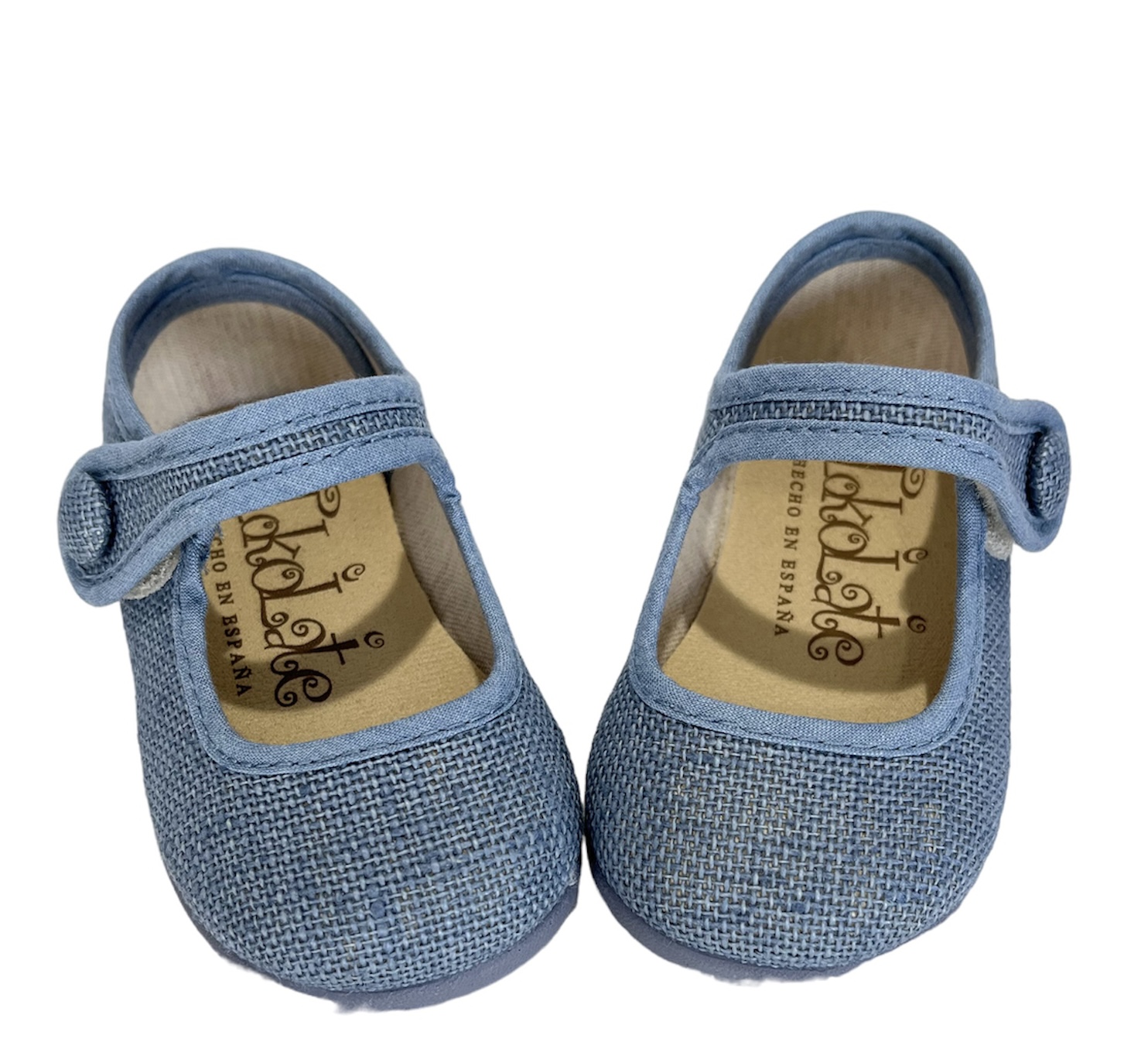 Mercedita en lino azul con velcro TOKOLATE