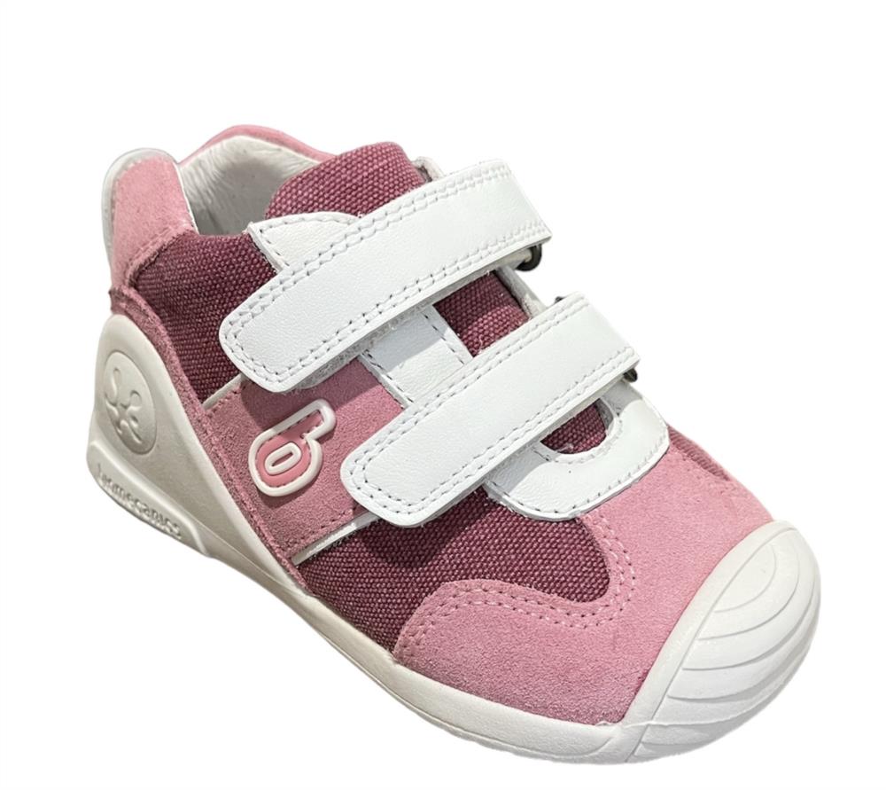 Zapatilla de piel y piqué rosa con velcros BIOMECANICS