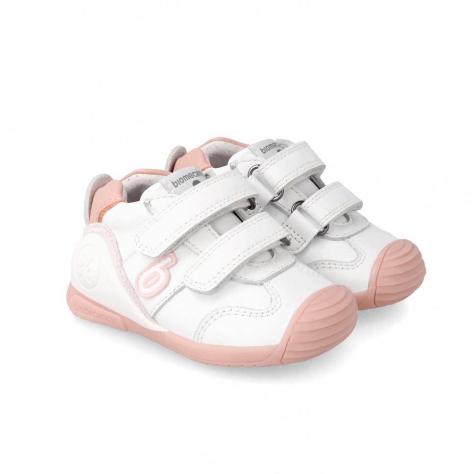 Zapatilla deporte en piel blanco con detalle rosa BIOMECANICS