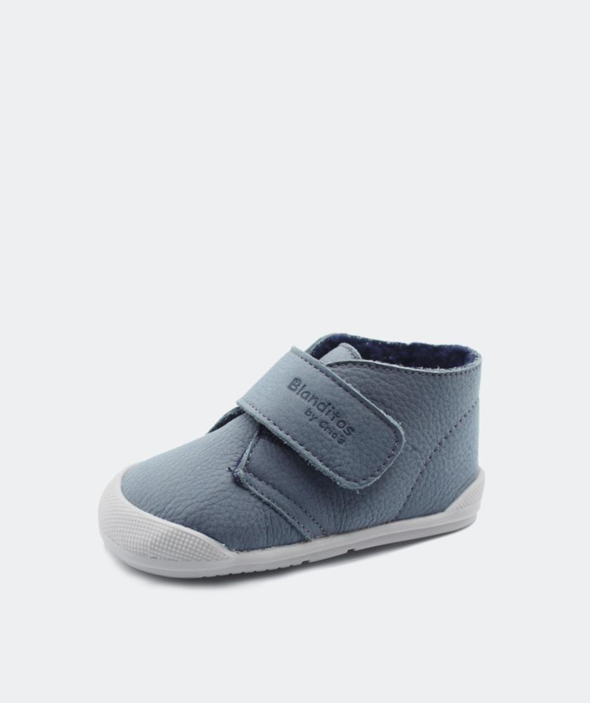 Botita en piel azul con borrego y velcro BLANDITOS