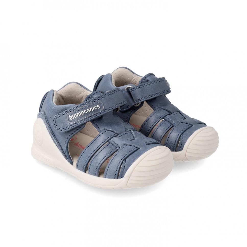 Sandalia de piel azul con velcro BIOMECANIC