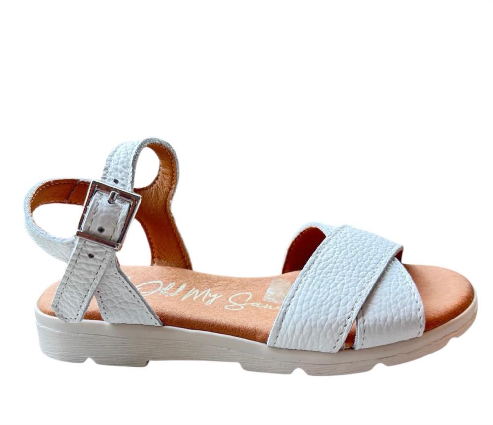 Sandalia cruzada en piel blanco con hebilla
